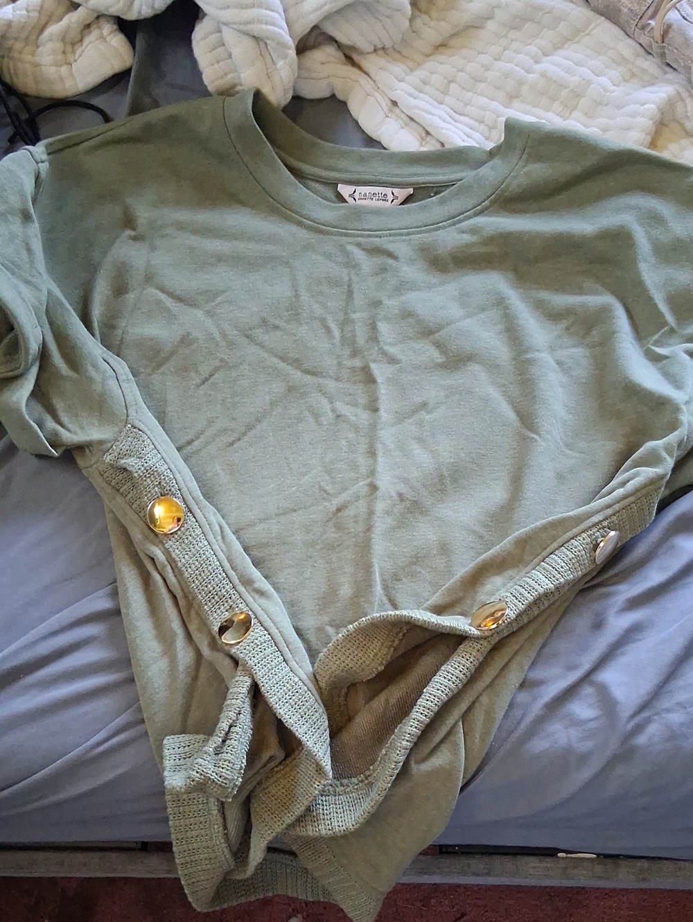 Nanette Lepore Olive Green Crewneck Sweater with Gold Buttons